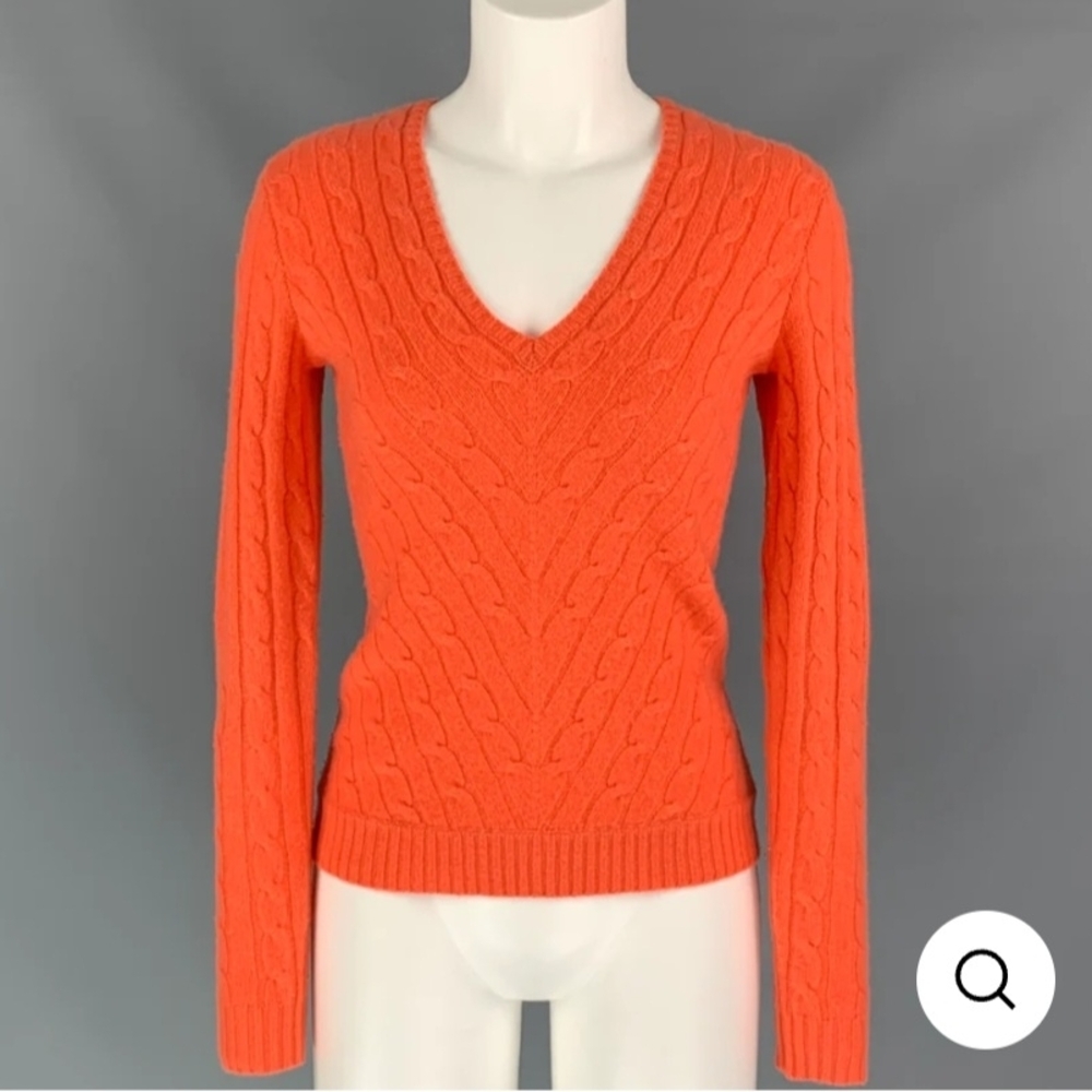 Ralph Lauren Black Lable Cashmere Orange Cable Knit V-Neck Sweater Size S
